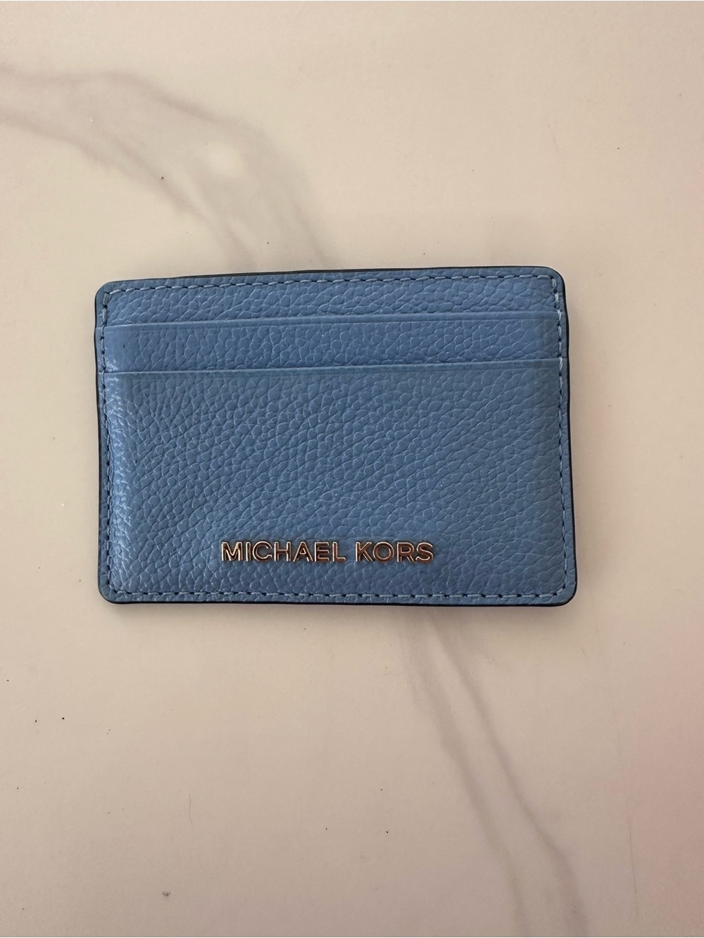 MICHAEL KORS Sky Blue Pebbled Leather Card Case with Gold Logo